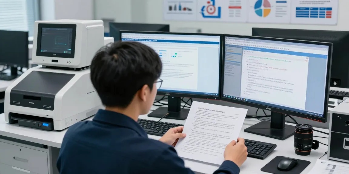 Data analyst conducting document fraud detection analysis in a modern lab environment with advanced technology.