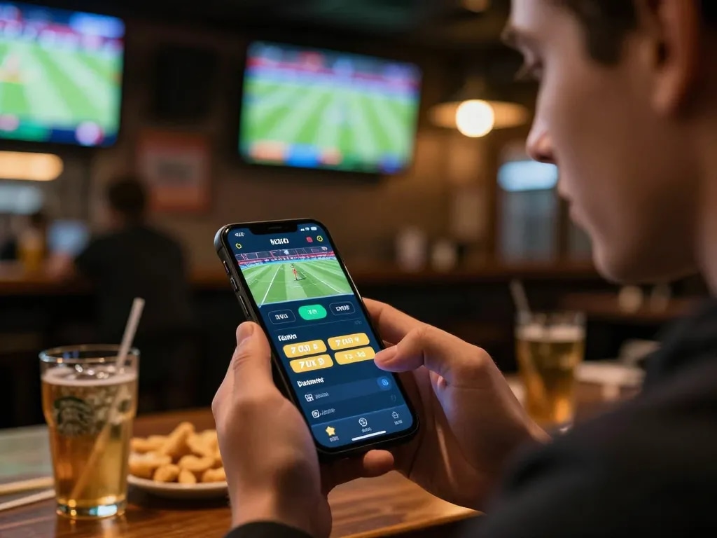 Engaged player using mk8 sports betting app on smartphone during live sports event.