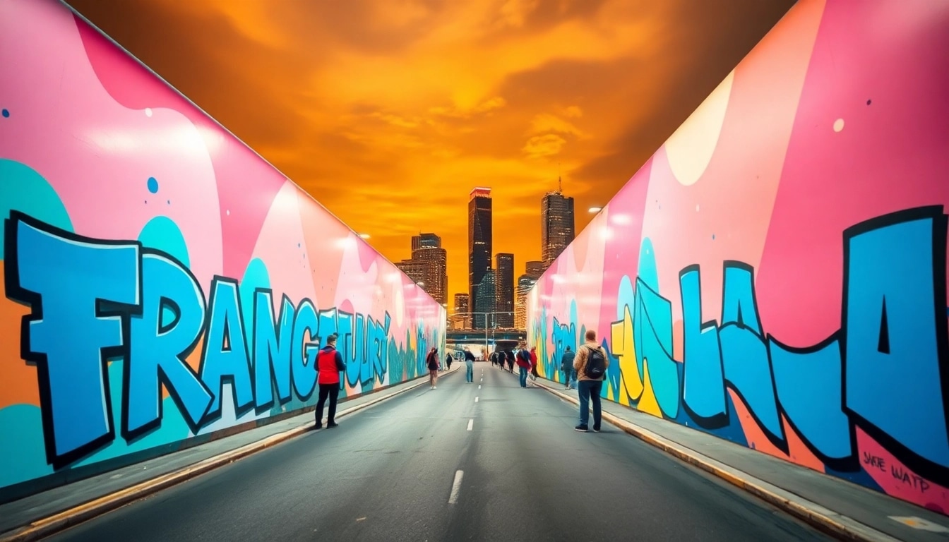 Entdecken Sie atemberaubende Graffiti in Frankfurt, die lebendige Farben und kreative Designs zeigt, während Künstler ihre Werke erschaffen.