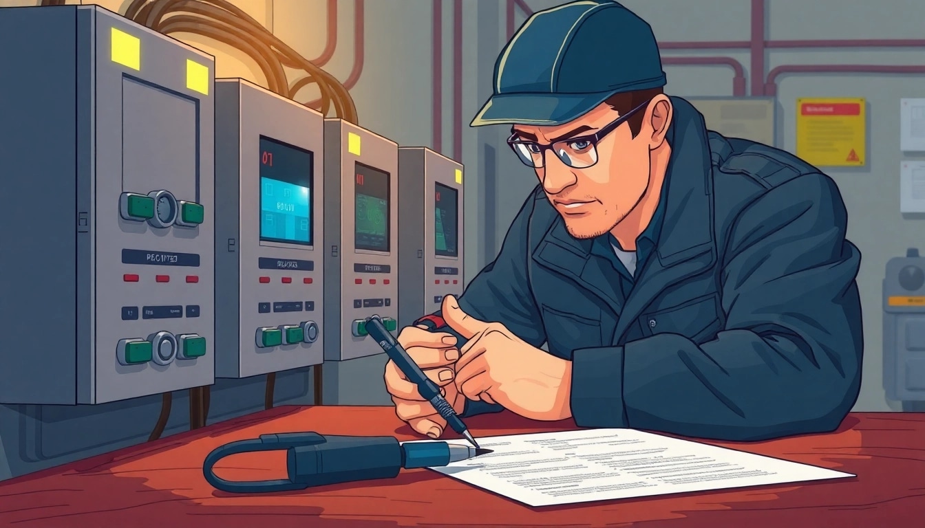 Technician performing DGUV V3 Prüfung, focusing on electrical safety checks in a workplace environment.