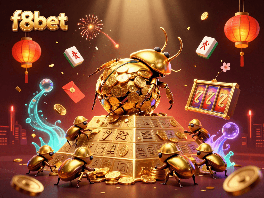 Experience the excitement of f8bet as golden dung beetles roll coins and dynamic gaming elements fill the lively casino scene.