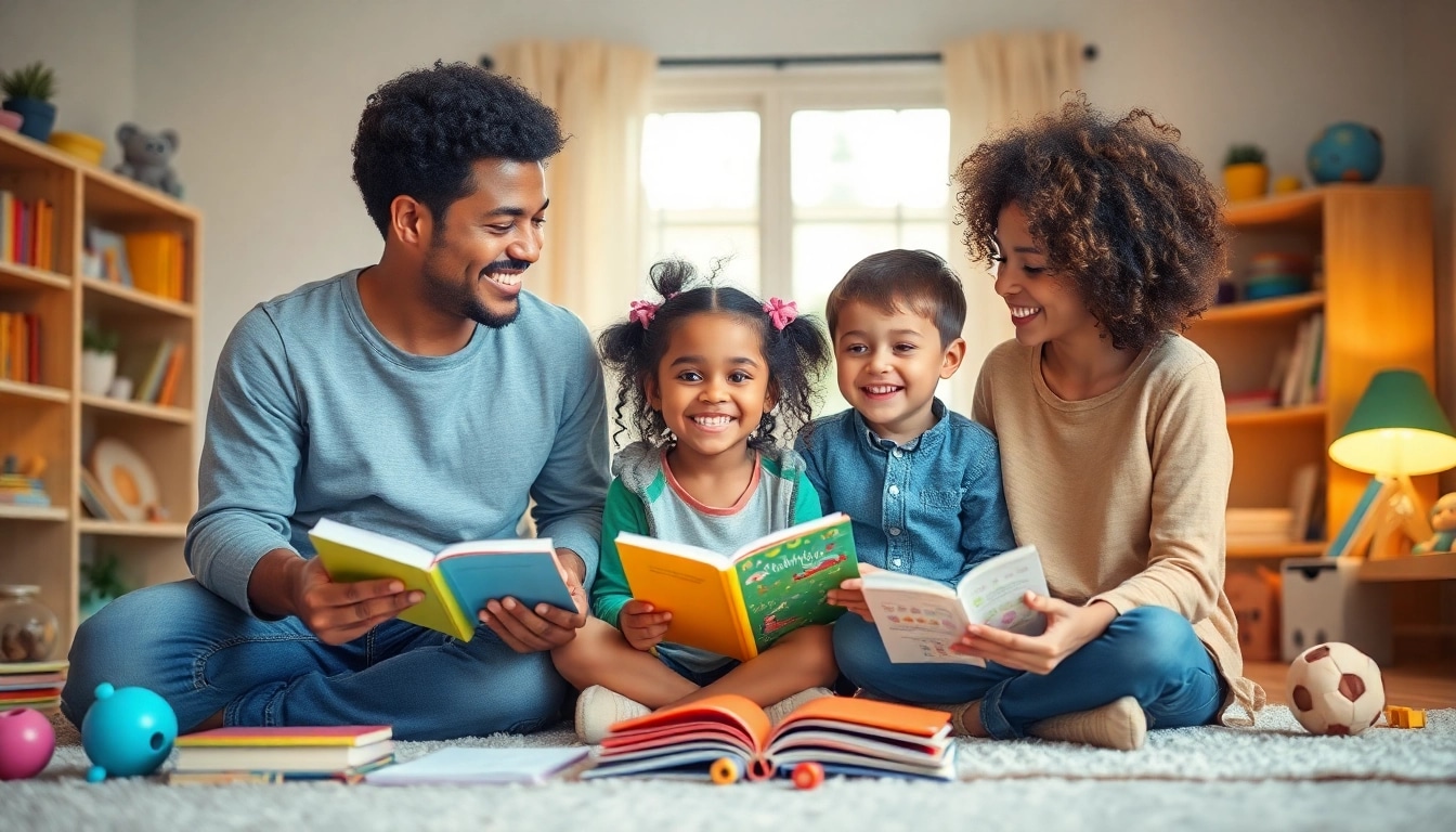 Kreative Darstellung einer liebevollen Familie, die durch Spiel und gemeinsames Lernen positive Kindererziehung praktiziert.