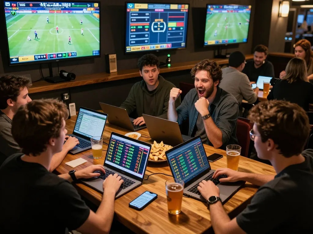 Tỷ lệ nhà cái analysis happening at a lively sports bar with friends strategizing bets
