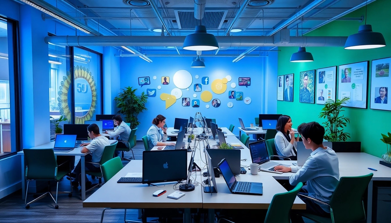 Team von Kreativen in einer Social Media Agency brainstormt innovative Ideen in einem modernen Büro.