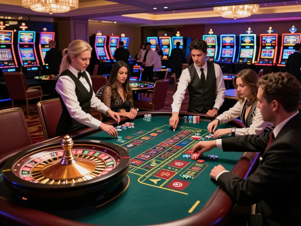 Players placing bets at a lively Go8 roulette table in a vibrant casino.