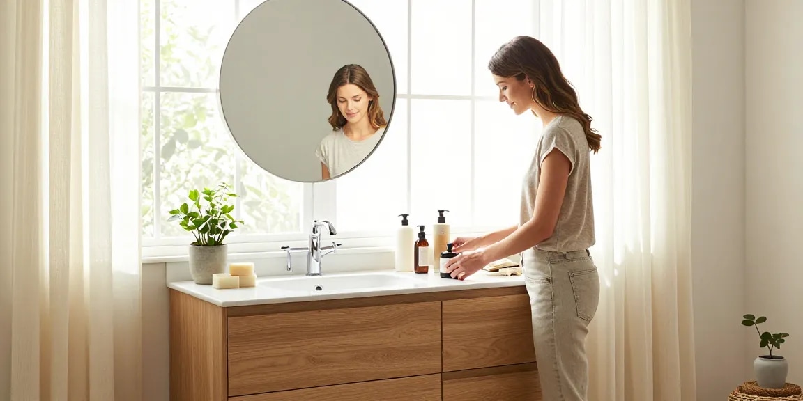 Ontdek een stijlvolle wastafelonderkast van 100 cm breed in een moderne badkamer, met elegante decoratie en persoonlijke verzorgingsproducten.