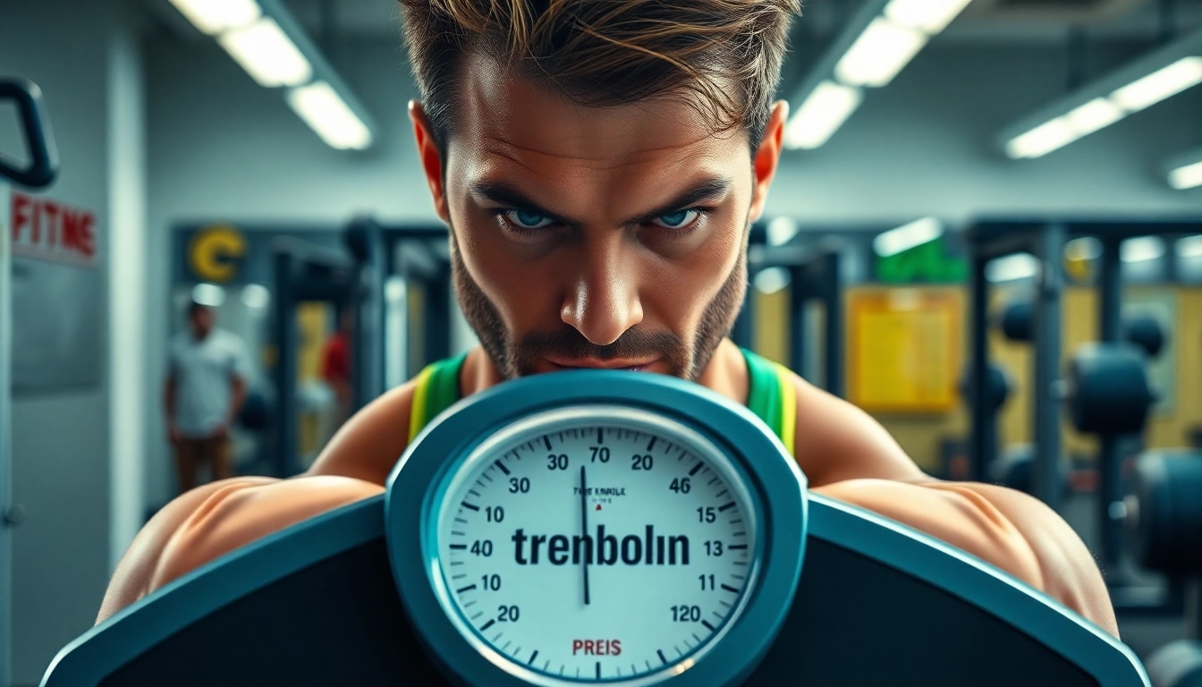 Trenbolon preis auf der Waage in einem Fitnessstudio mit einem motivierten Trainer.