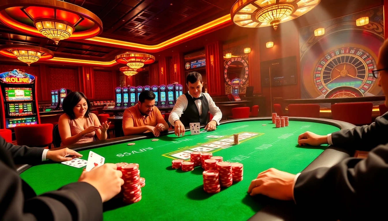 Experience the thrill of 88i game with vibrant casino visuals showcasing poker action and slot machines.