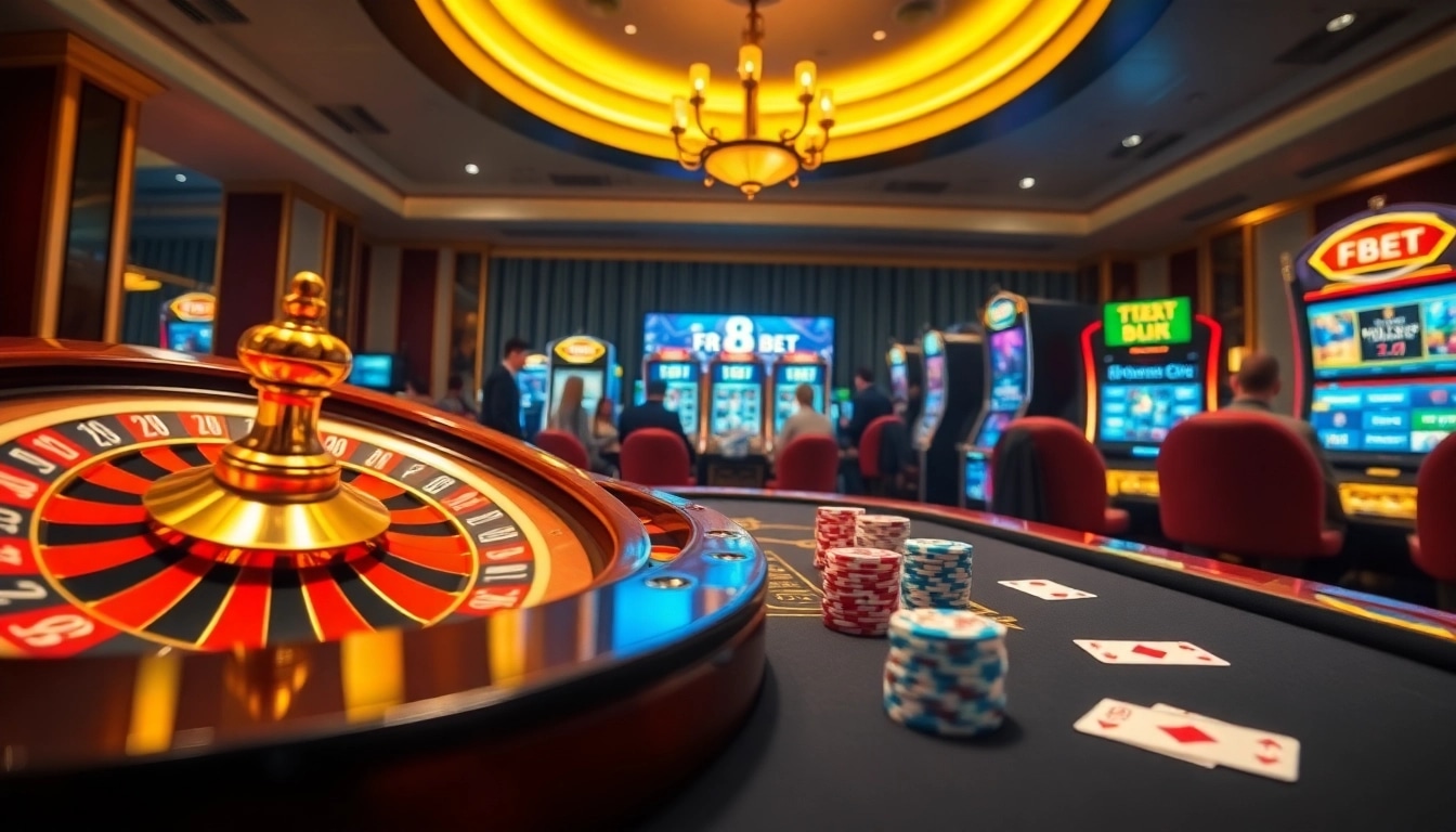 Experience the thrill of gaming at F8 BET's luxurious casino with poker chips and roulette wheels.