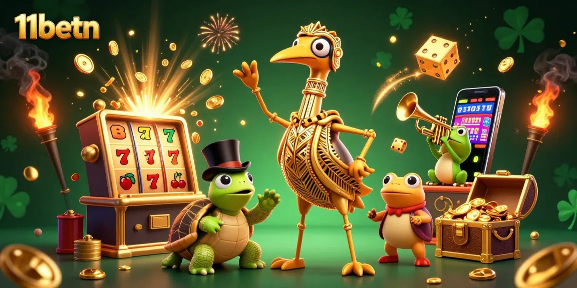 Experience the excitement at 11betn with a vibrant 3D scene of winning slots and lively casino characters.