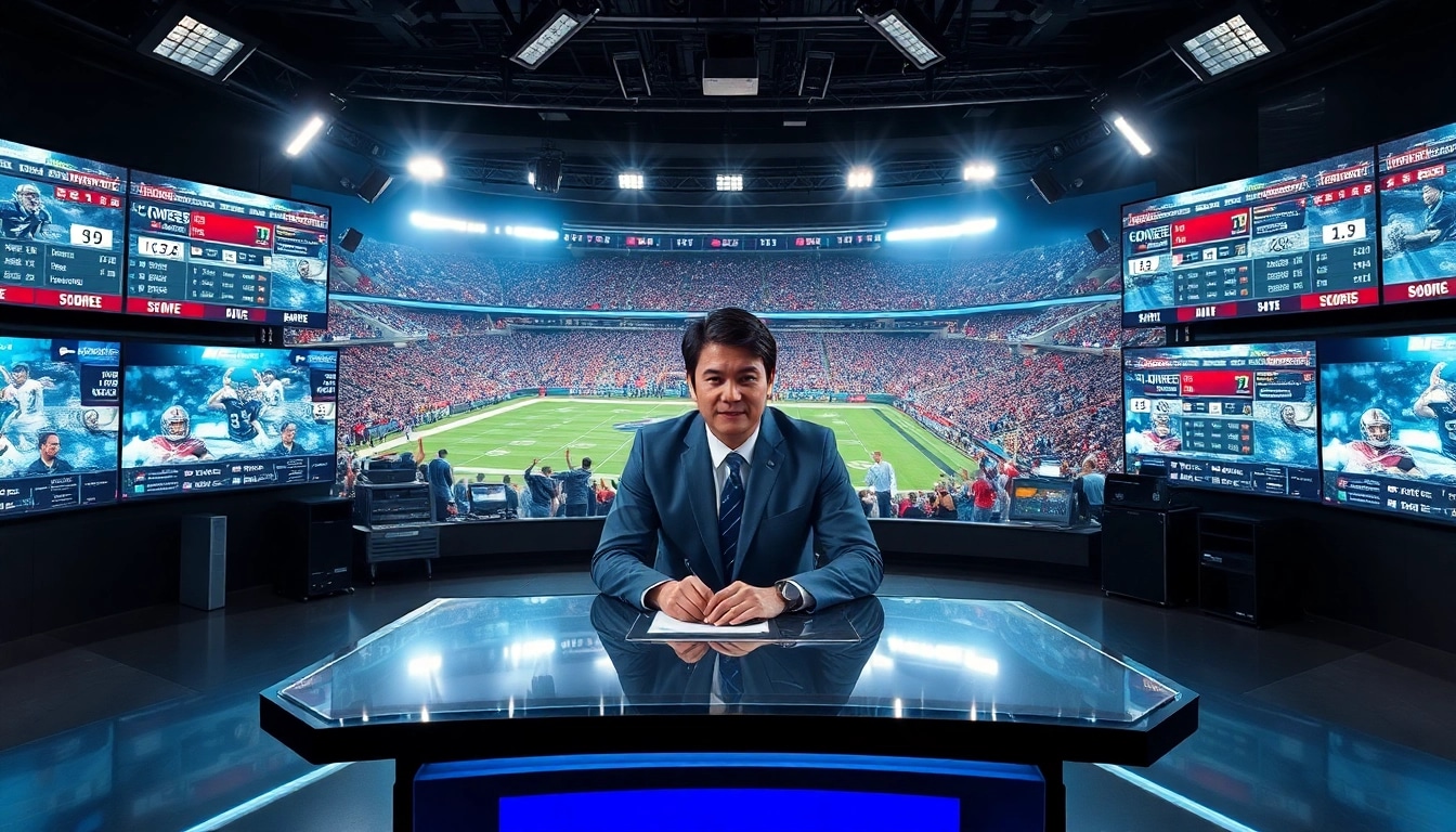 Engaging sports broadcasting scene showcasing anchors presenting live scores and updates.