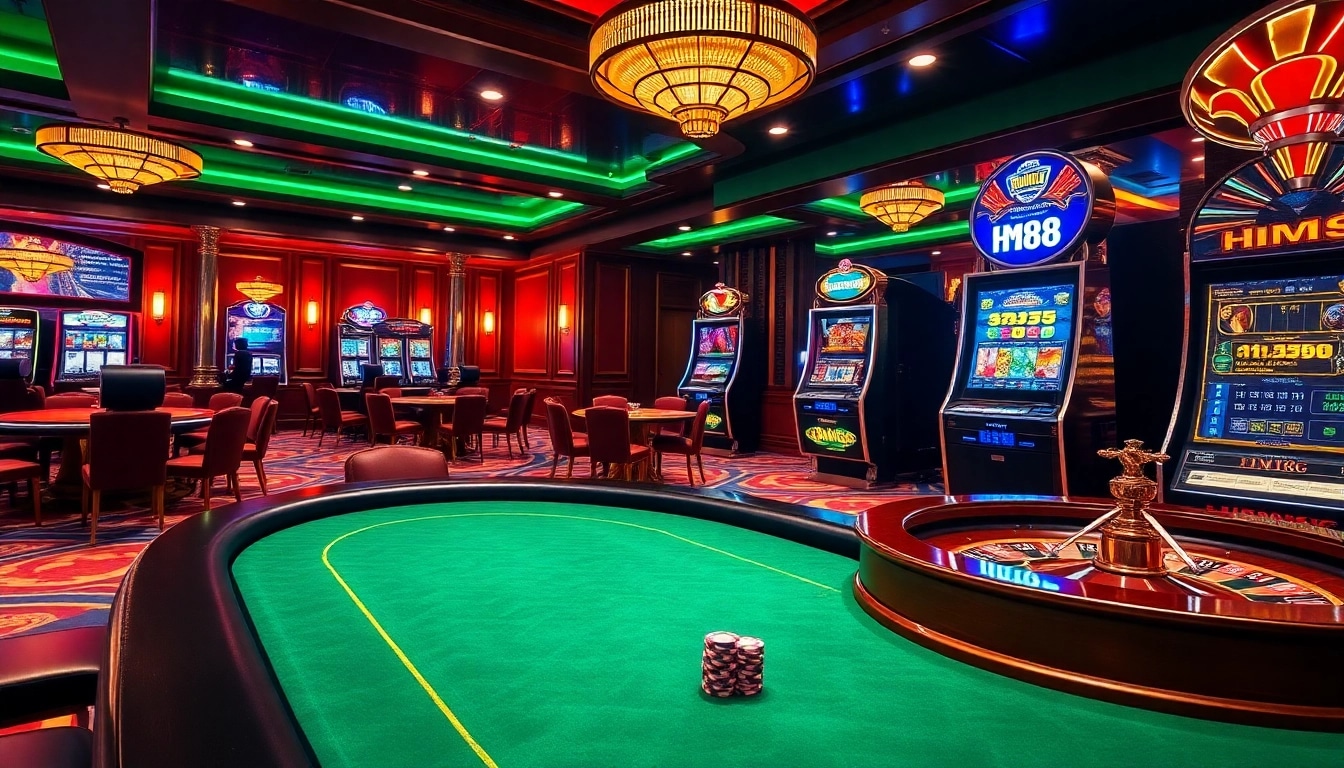 Experience the thrilling excitement of gambling at HM88 with luxury casino visuals of poker tables and slot machines.
