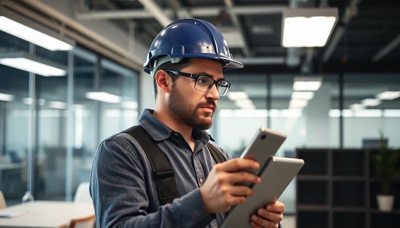 Prüfung ortsveränderlicher elektrischer Betriebsmittel durch einen Fachmann in einem modernen Büro, Fokus auf Sicherheit.