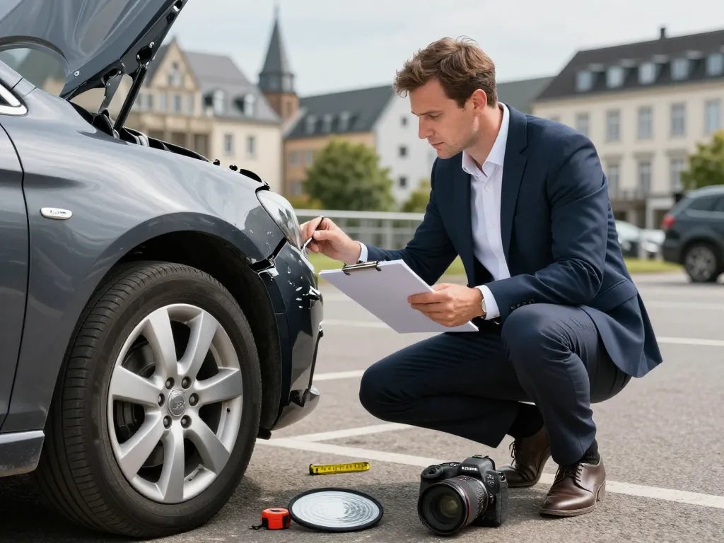 Gutachter Eschweiler, der Fahrzeugschäden im Freien mit professionellen Werkzeugen in einer städtischen Umgebung untersucht.