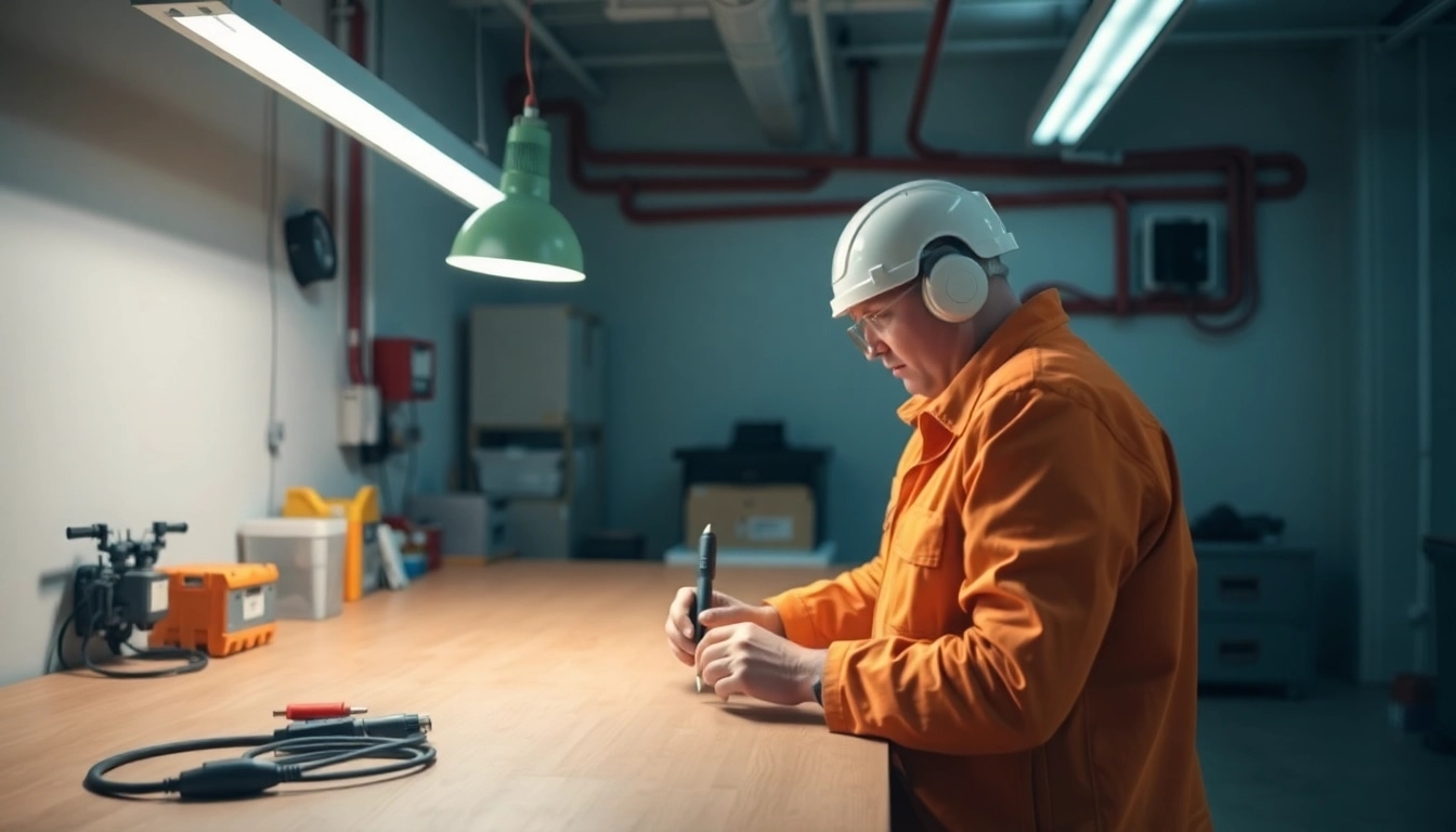 Prüfung ortsveränderlicher elektrischer Betriebsmittel durch einen Fachmann in einer modernen Werkstatt.