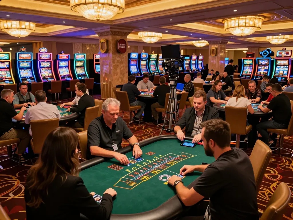 Players engage in dynamic gameplay at mb668 casino with vivid slot machines in the background