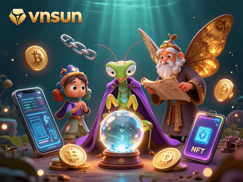 Witness the fortune-telling scene of vnsun, where vibrant crypto elements enhance the gaming experience.