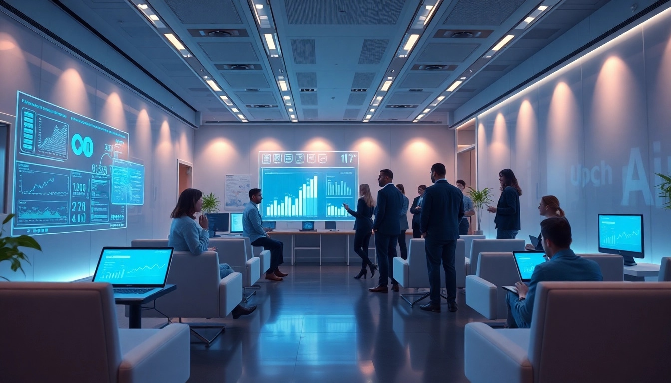 Futuristic digital workspace showcasing AI technology for adults 18+.