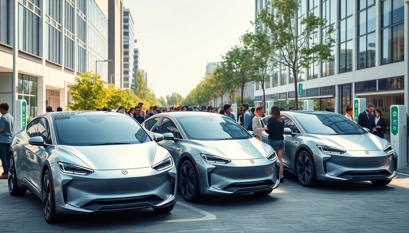 Elektroautos präsentieren sich stilvoll in einer modernen Stadtumgebung mit urbanen Elementen.