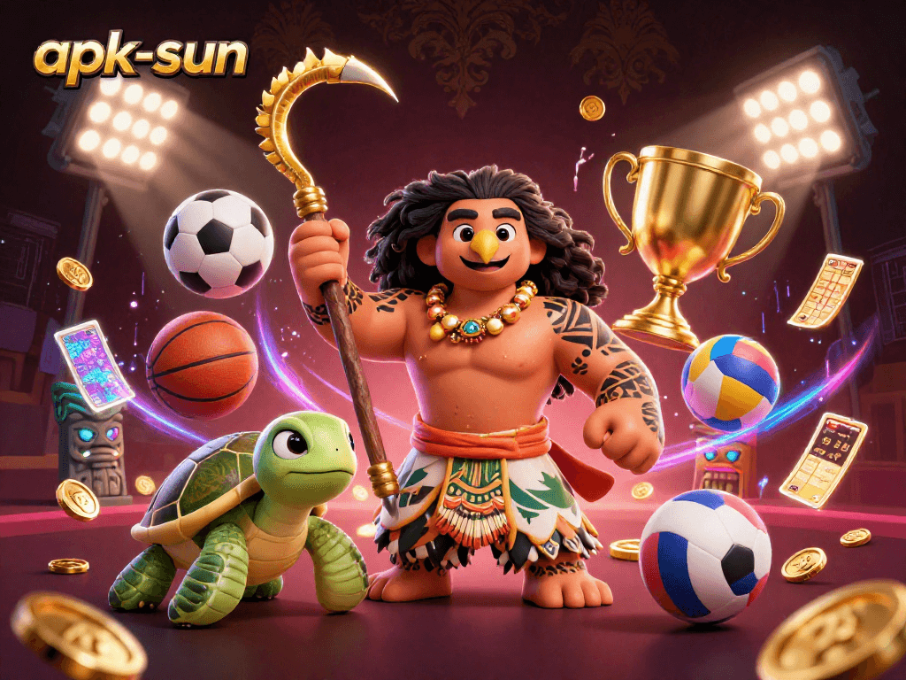 Engage in thrilling gameplay with apk-sun, showcasing a vibrant demigod hawk and sports elements.