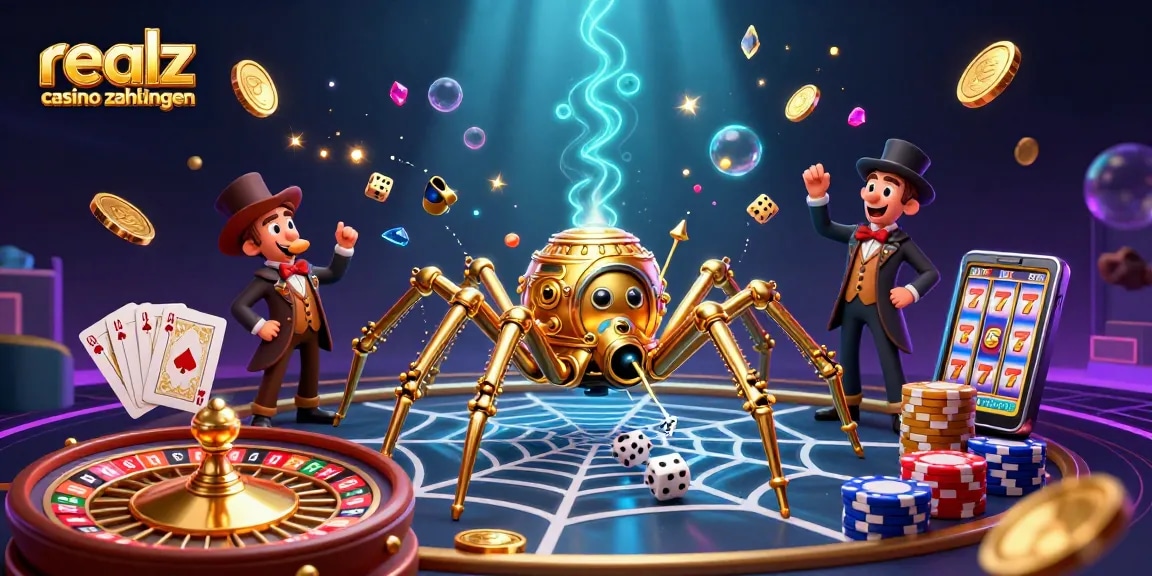 Erlebe aufregende Realz Casino Zahlungen mit Krypto und Fiat in dieser lebhaften Illustration.