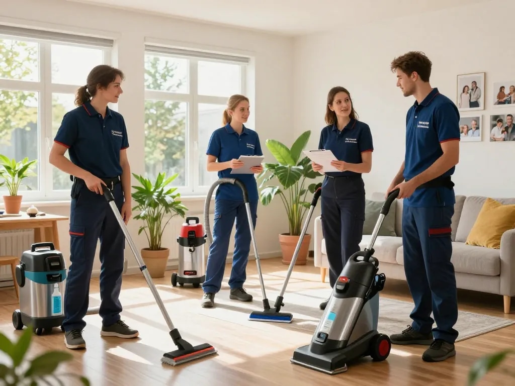 Reinigungsservice in Münster durch ein professionelles Reinigungsteam in einem hellen Wohnzimmer, das auf sorgfältige Sauberkeit und Detailgenauigkeit achtet.