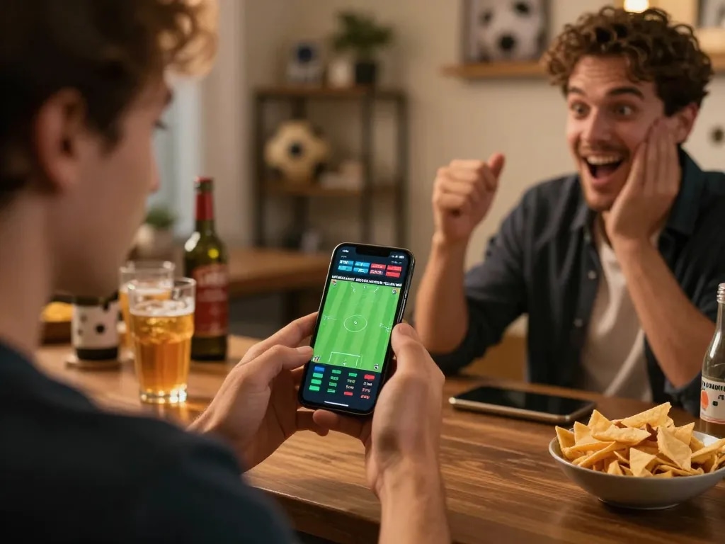 Soi kèo bóng đá with a player engaged in dynamic live betting via smartphone in a vibrant home sports bar.