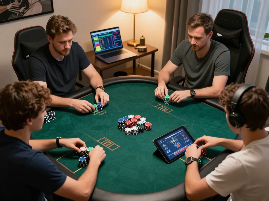 SC 88 poker players making strategic moves during an online game in a cozy home setting