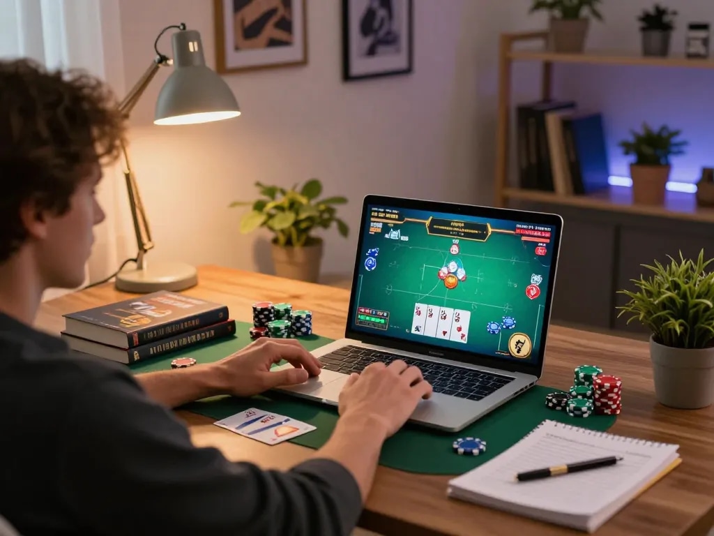 Engaging in poker strategy on fabet with laptop and personal touches in a cozy setting.