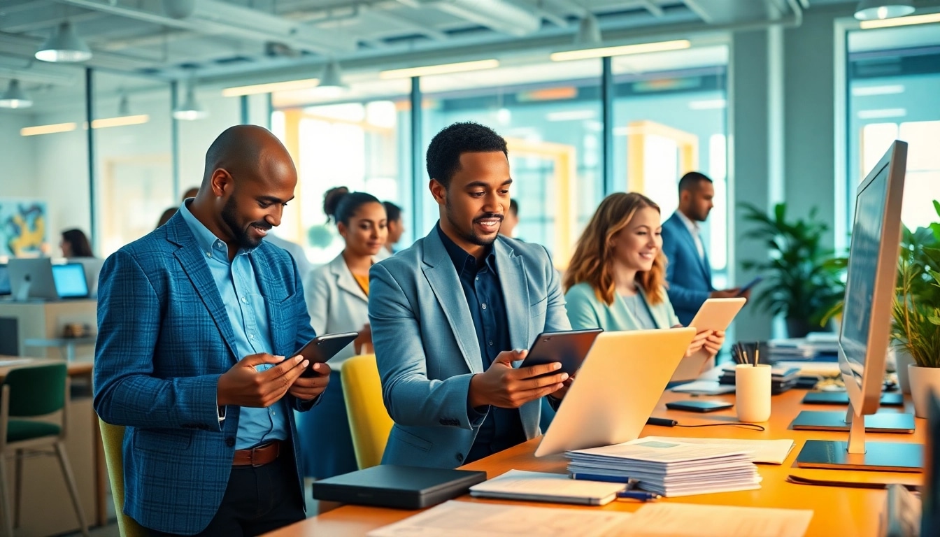 Engage in job search with diverse professionals exploring Stellenangebote opportunities on various devices.