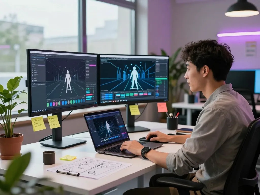 Creative developer utilizing motion control ai in a tech workspace with dual monitors displaying animation data.