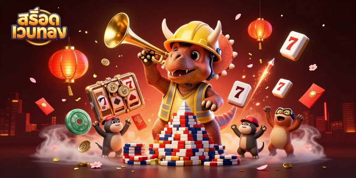 Experience excitement with สล็อตเว็บตรง featuring animated casino characters building fun with poker chips and slot reels.