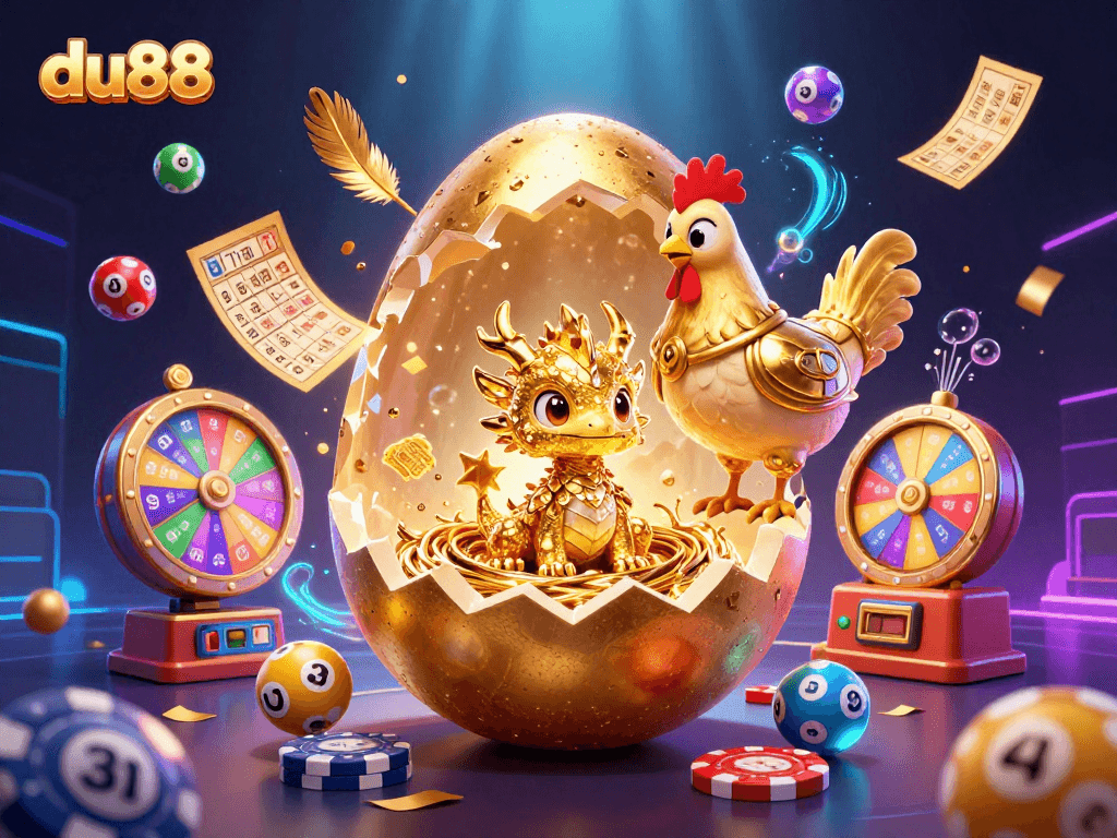 Engage with du88's vibrant 3D casino scene featuring a golden baby dragon and lottery elements.
