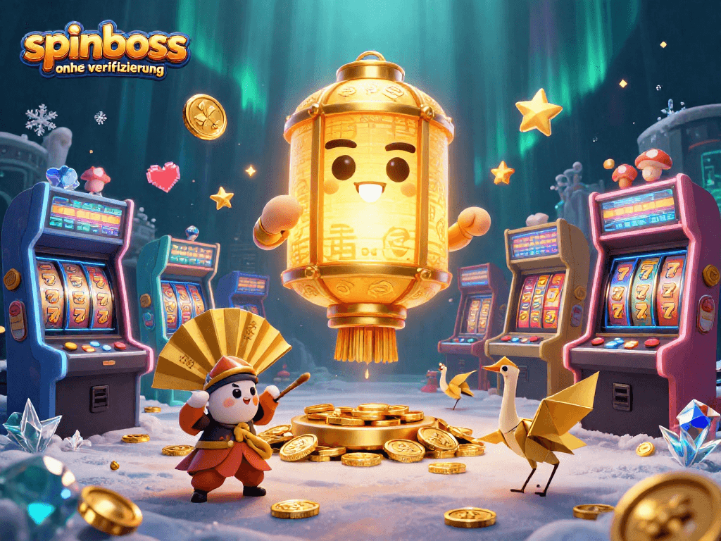 Spinboss ohne Verifizierung spielen an einem lebhaften Casino mit goldenen Symbolen und Spielautomaten.