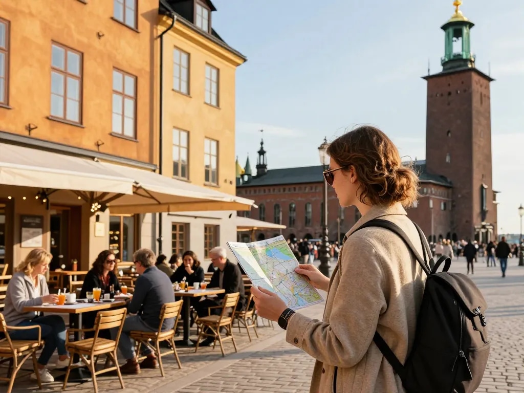 Reisetipps Stockholm: Entdecken Sie die farbenfrohe mittelalterliche Architektur von Gamla Stan, während Sie die Freiluftcafés und die lebendige Kultur genießen.