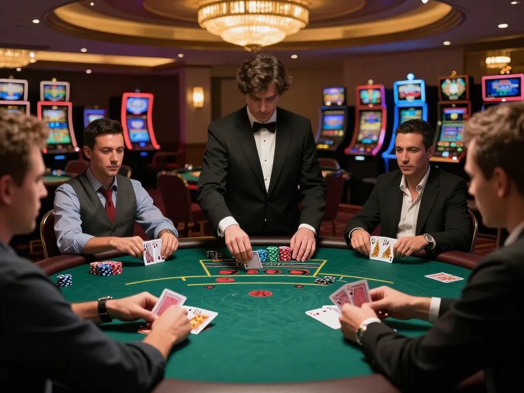 Players engaged at a blackjack table, highlighting strategic action inspired by sc 88 in luxurious casino setting