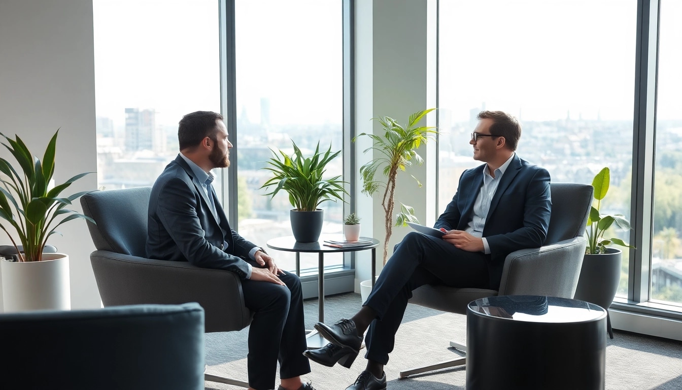 Headhunter Kassel: Ein professionelles Gespräch zwischen einem Headhunter und einem Bewerber in einem modernen Büro mit Stadtblick.