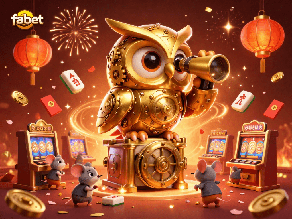 Engage in thrilling slots action at fabet, featuring a golden owl scanning the casino floor, with vibrant games surrounding.