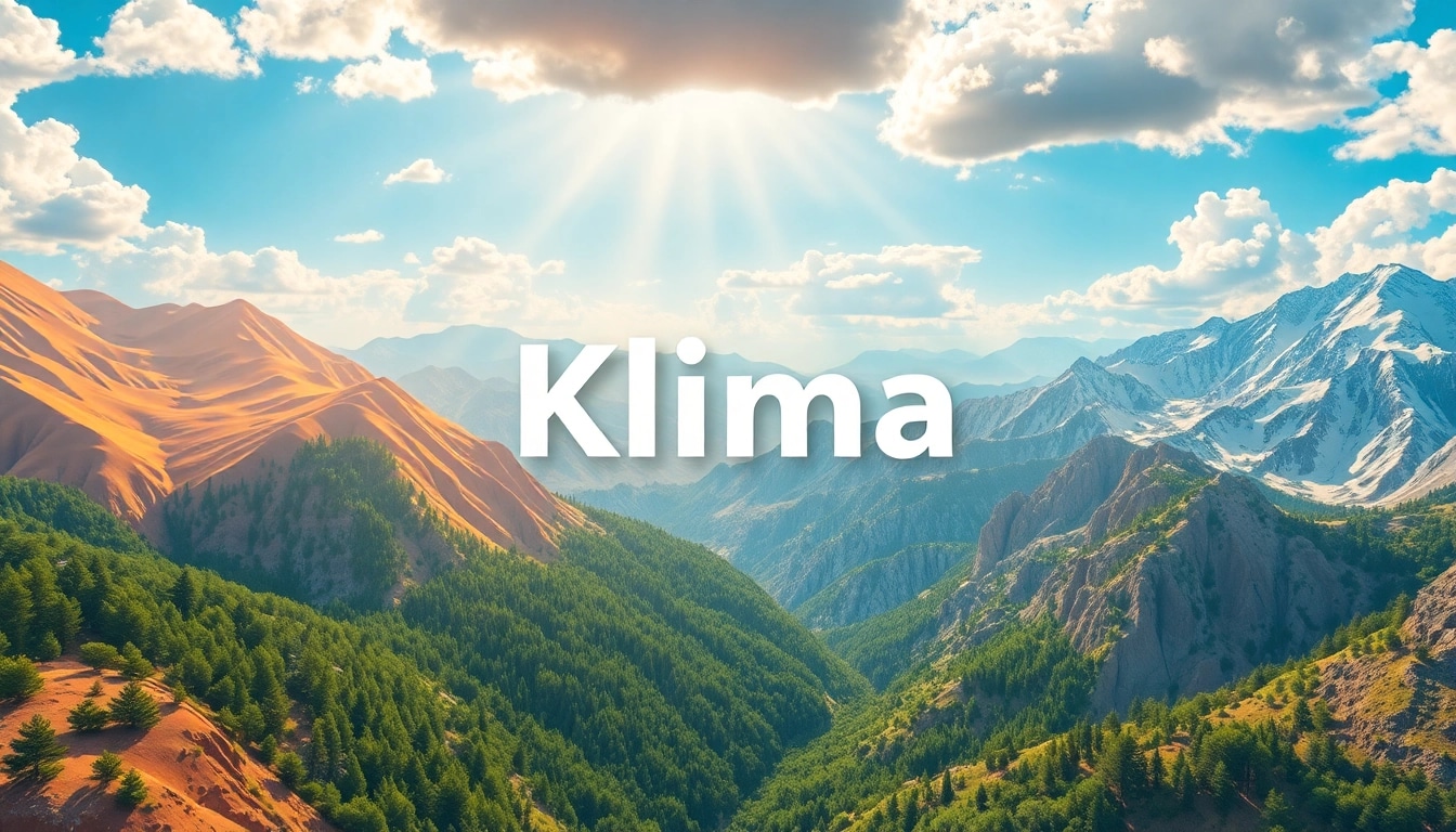 Visual representation of Klima showcasing diverse environments: deserts, forests, and mountains.