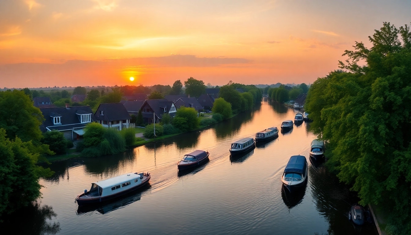 Giethoorn boot mieten - Enjoy a scenic sunset on rented boats in the picturesque canals of Giethoorn.