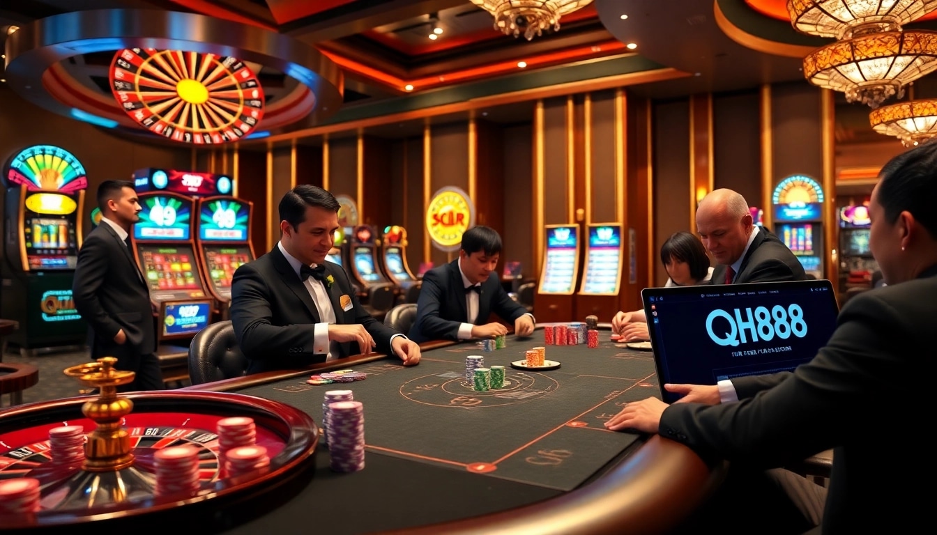 Experience high-stakes gaming at qh88 with vibrant casino elements and thrilling atmosphere.