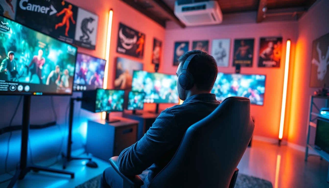 Twitch Streamer Österreich in modern gaming setup mit mehreren Bildschirmen und dynamischen Lichtern.