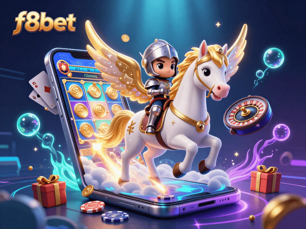 Win big with f8bet in this exciting scene featuring a horse and knight in a vibrant casino.