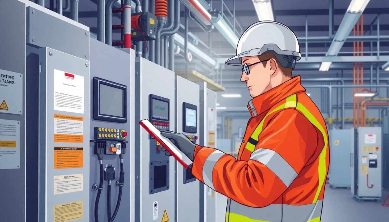 Technician conducting a DGUV V3 Prüfung for electrical safety compliance in an industrial environment.