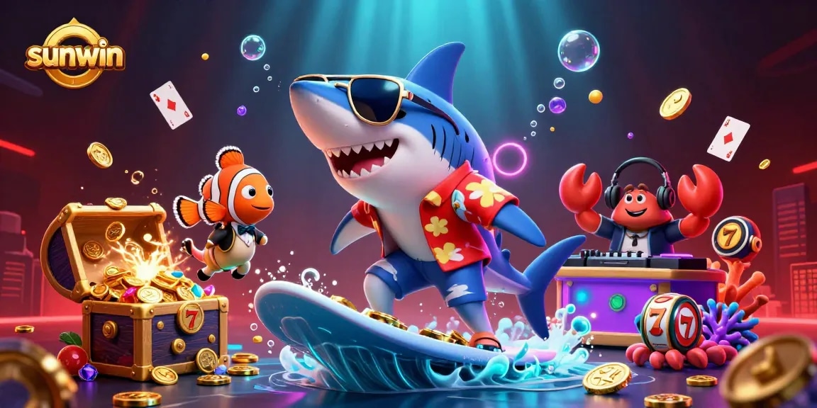 Experience thrilling wins at sunwin with a 3D shark surfing on coins alongside casino elements.