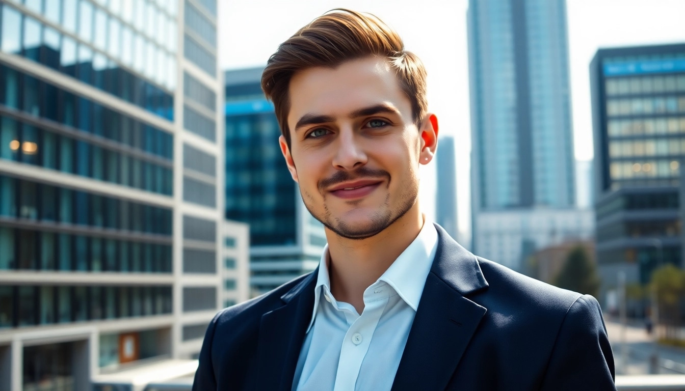 Professionelles Business Portrait München eines Vertrauenswürdigen in Unternehmenskleidung vor einer modernen Kulisse.