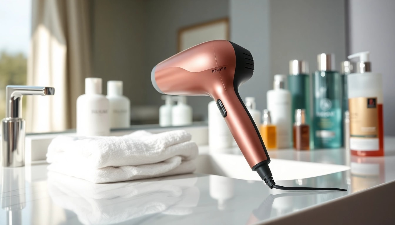 Laifen haartrockner auf einem modernen Schminktisch mit luxuriösen Haarpflegeprodukten.