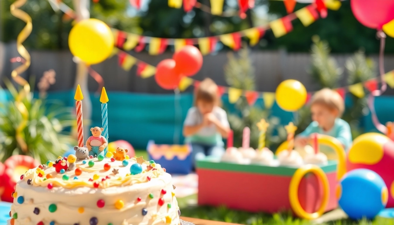 Spiele für Kindergeburtstag 4 Jahre mit buntem Kuchen und Dekorationen.