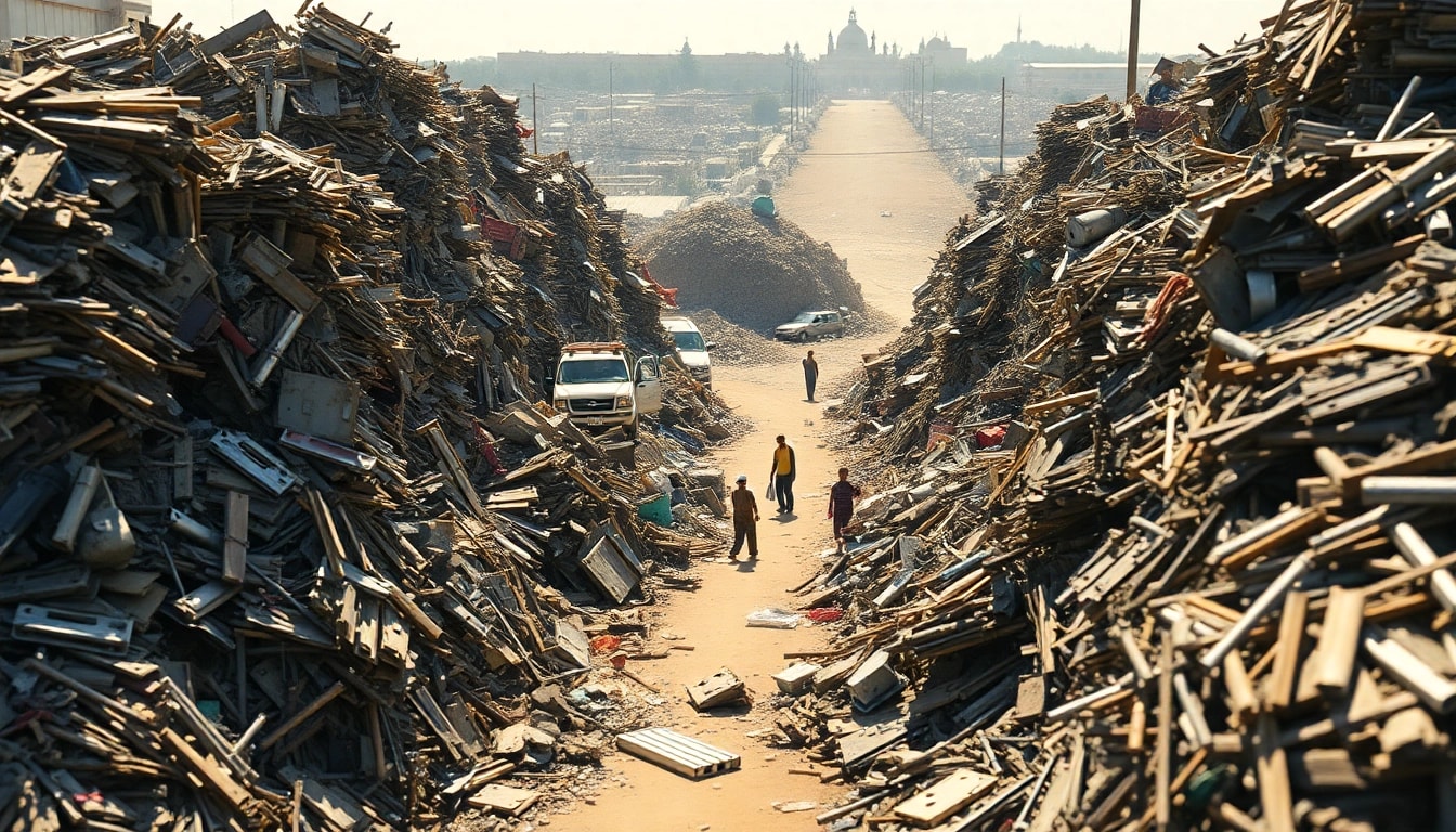Schrotthändler Remscheid sorting shiny metal scraps in a bright and busy scrapyard.