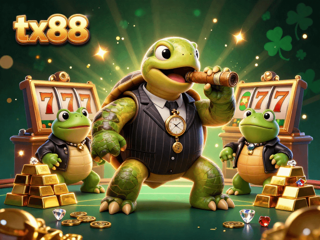 Experience the thrills of tx88 with a vibrant casino scene featuring charming 3D characters.